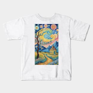 Ethereal Nocturne: Van Gogh-Inspired Landscape Kids T-Shirt